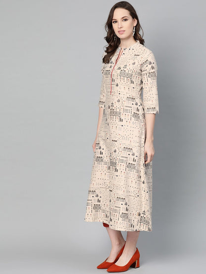 Women's Beige And Black Printed A-Line Cotton Kurta