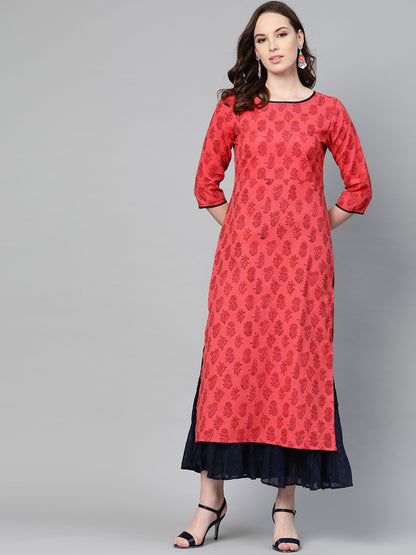 Women's Red Printed Straight Kurta With Round Neck & 3/4 Sleeves