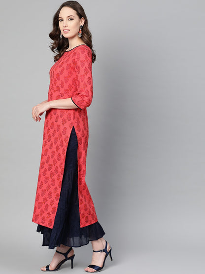 Women's Red Printed Straight Kurta With Round Neck & 3/4 Sleeves