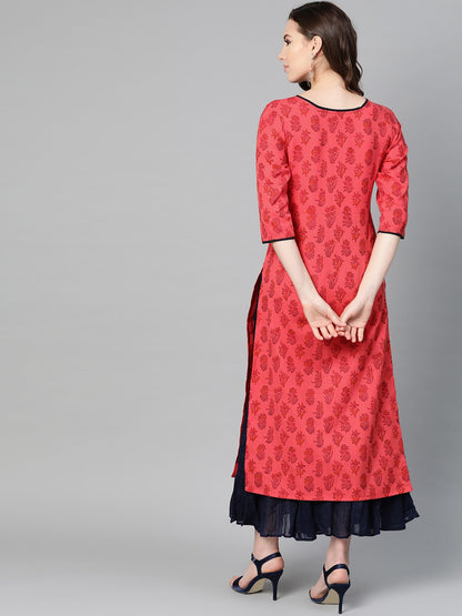 Women's Red Printed Straight Kurta With Round Neck & 3/4 Sleeves