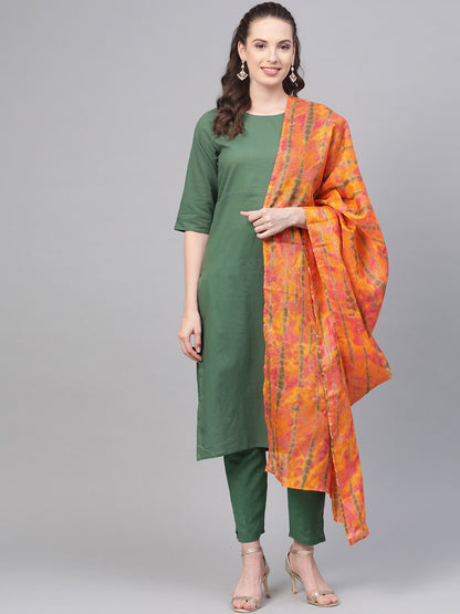 Women's Solid Green Straight Kurta set with Pants & Multi colored Dupatta