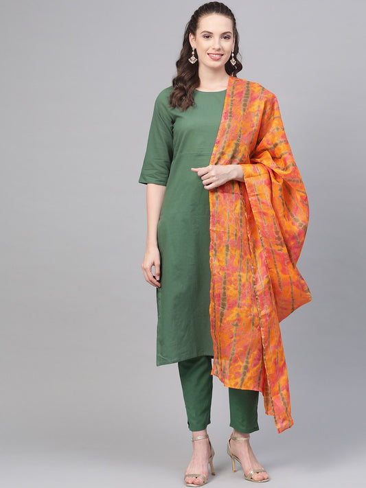Women's Solid Green Straight Kurta set with Pants & Multi colored Dupatta