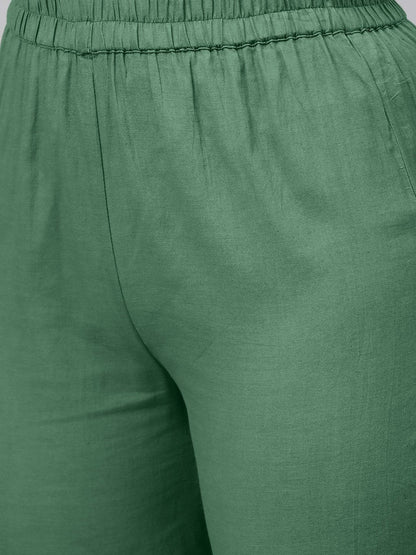 Women's Solid Green Straight Kurta set with Pants & Multi colored Dupatta