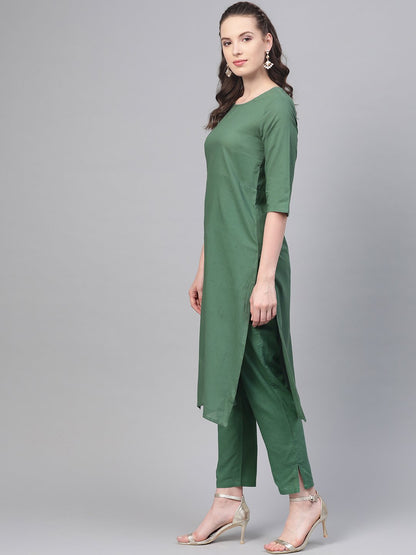 Women's Solid Green Straight Kurta set with Pants & Multi colored Dupatta