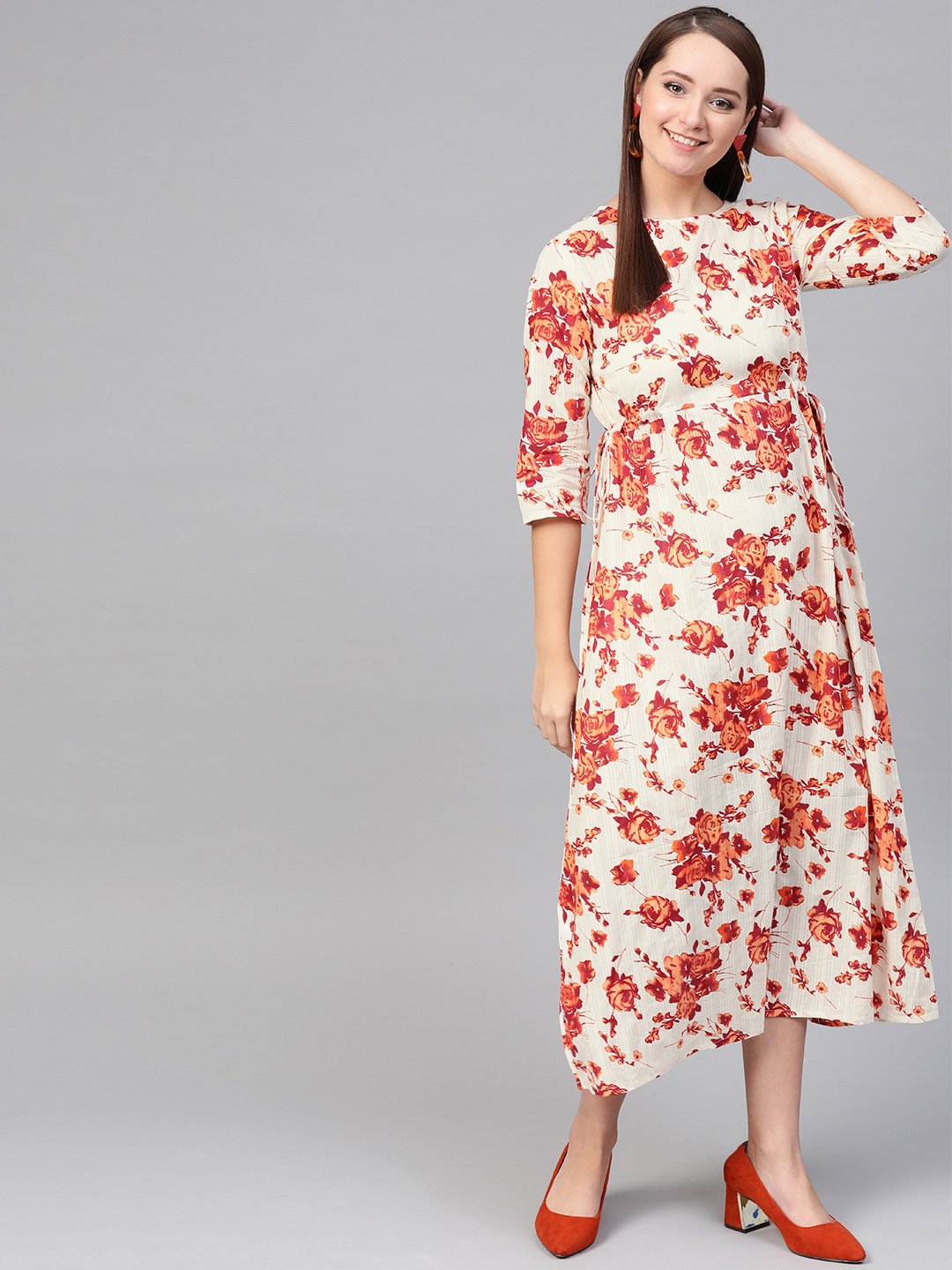Women's Nayo Off White & Orange Floral Printed Maxi Dress