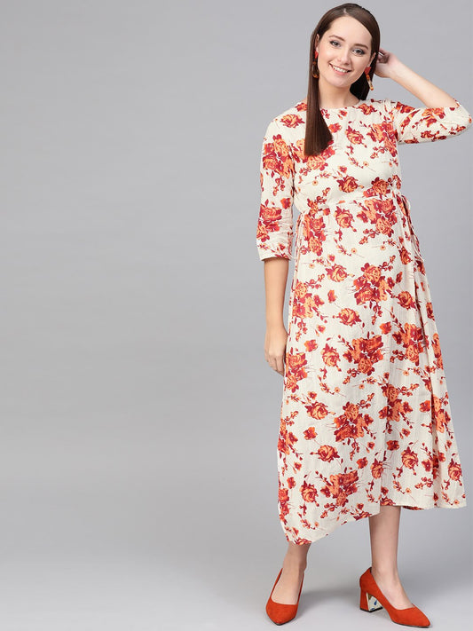 Women's Nayo Off White & Orange Floral Printed Maxi Dress