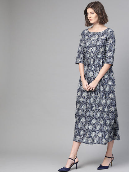 Women's Nayo Navy Blue & Cream Floral Printed Maxi Dress
