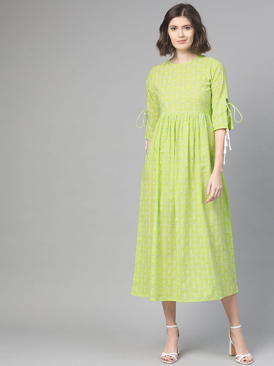 Women's Nayo Lime Green & White Ethnic Motifs Printed Maxi Dress