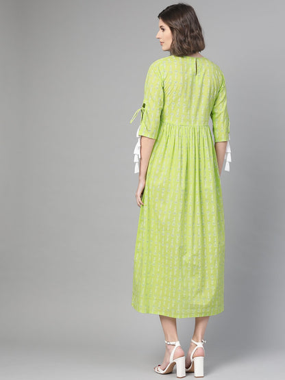 Women's Nayo Lime Green & White Ethnic Motifs Printed Maxi Dress