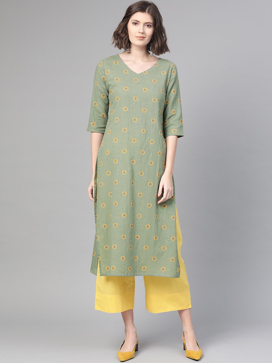 Women's Nayo Green & Yellow Cotton Straight Floral Printed Kurta
