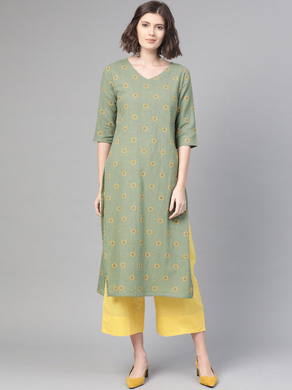 Women's Nayo Green & Yellow Cotton Straight Floral Printed Kurta