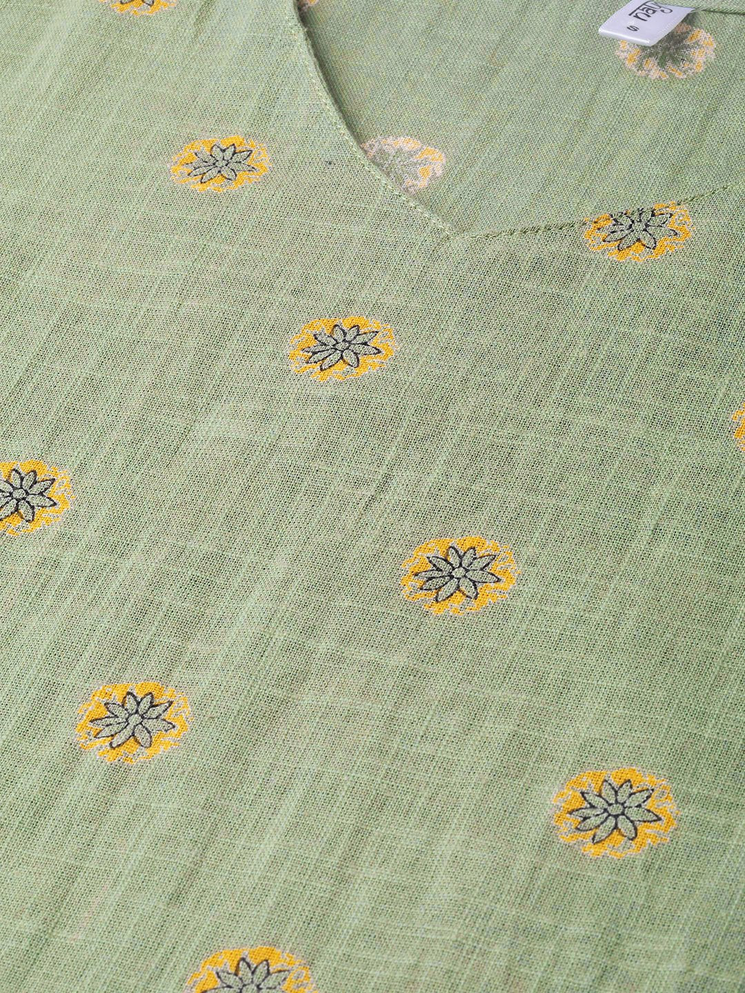 Women's Nayo Green & Yellow Cotton Straight Floral Printed Kurta