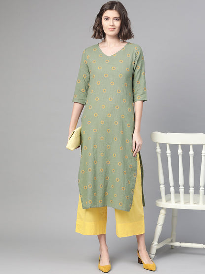 Women's Nayo Green & Yellow Cotton Straight Floral Printed Kurta