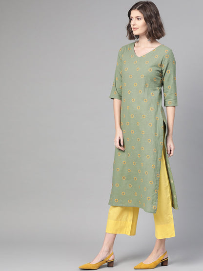 Women's Nayo Green & Yellow Cotton Straight Floral Printed Kurta