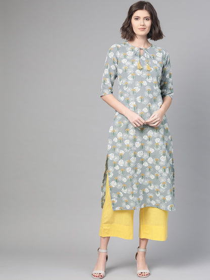 Women's Nayo Grey & Yellow Cotton Straight Floral Printed Kurta
