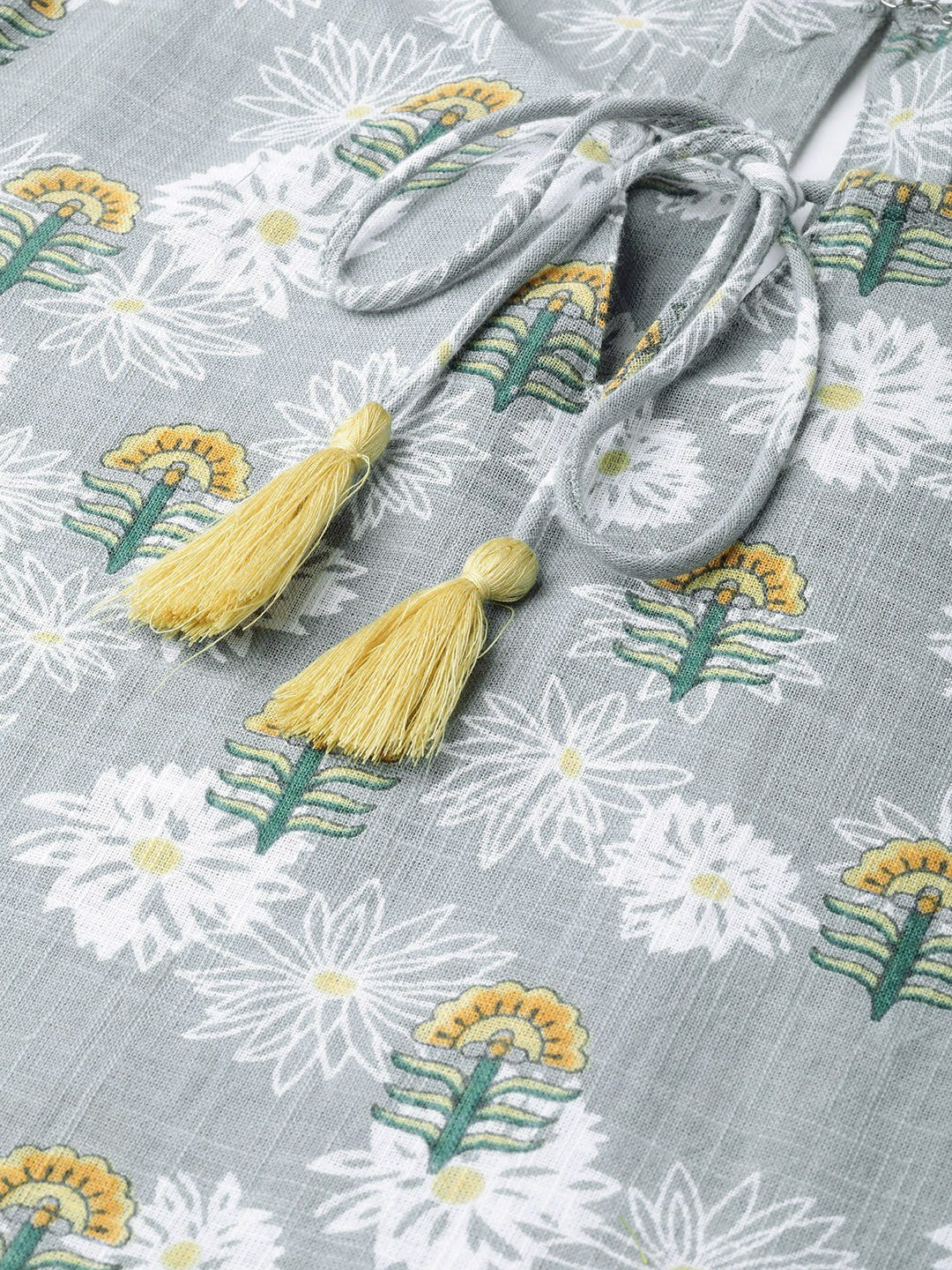 Women's Nayo Grey & Yellow Cotton Straight Floral Printed Kurta