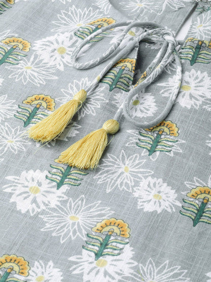Women's Nayo Grey & Yellow Cotton Straight Floral Printed Kurta