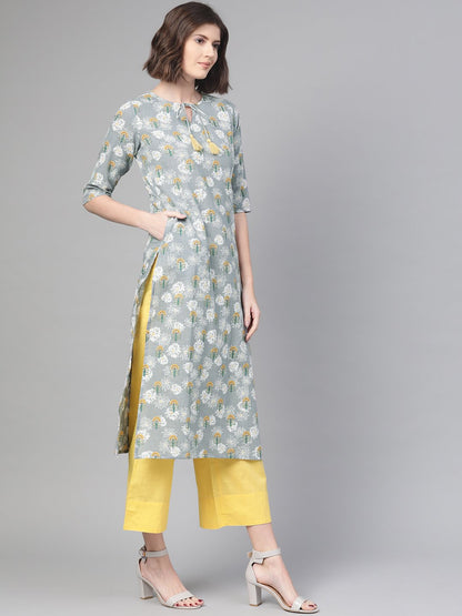 Women's Nayo Grey & Yellow Cotton Straight Floral Printed Kurta