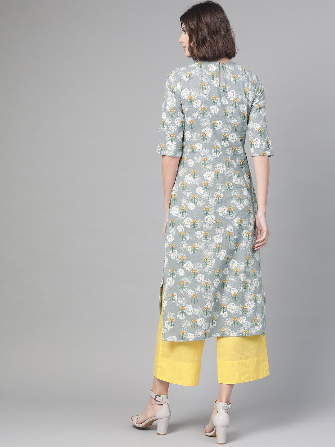 Women's Nayo Grey & Yellow Cotton Straight Floral Printed Kurta