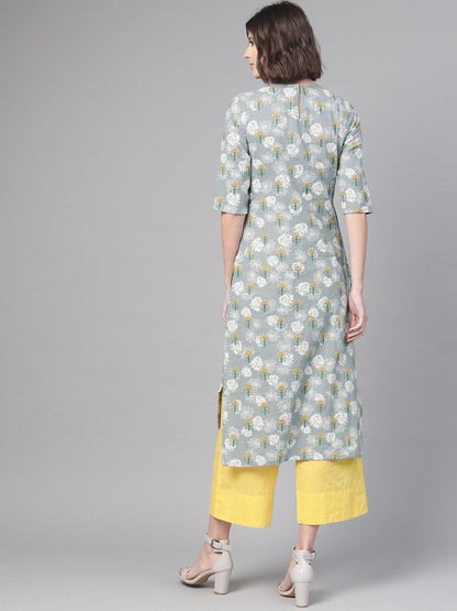 Women's Nayo Grey & Yellow Cotton Straight Floral Printed Kurta