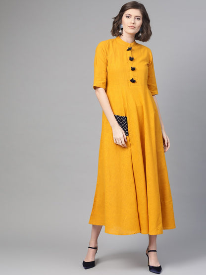 Women's Nayo Mustard & Black Solid Fit And Flare Dress