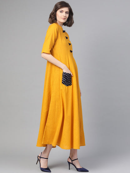 Women's Nayo Mustard & Black Solid Fit And Flare Dress