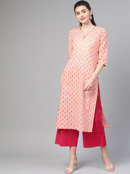 Women's Nayo Peach & Yellow Cotton Straight Floral Printed Kurta