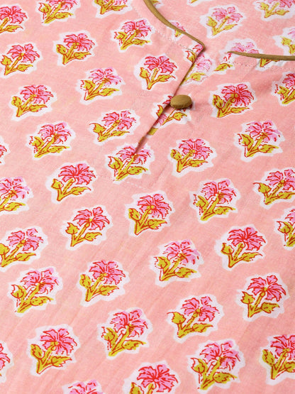 Women's Nayo Peach & Yellow Cotton Straight Floral Printed Kurta