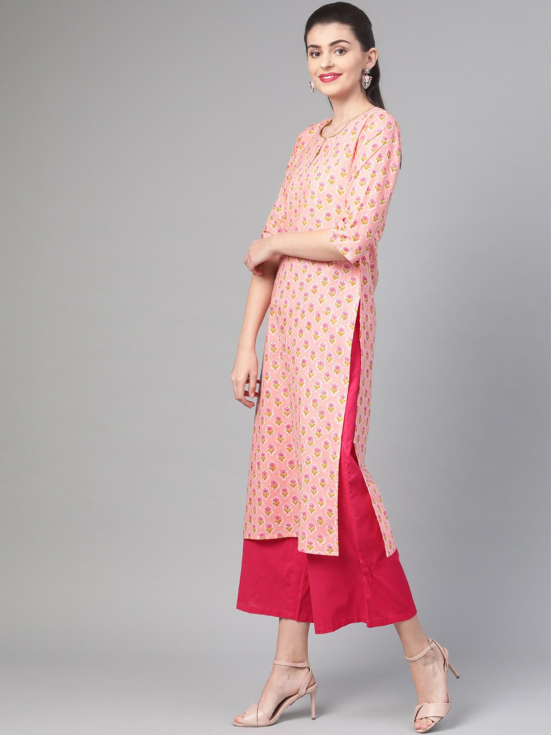 Women's Nayo Peach & Yellow Cotton Straight Floral Printed Kurta