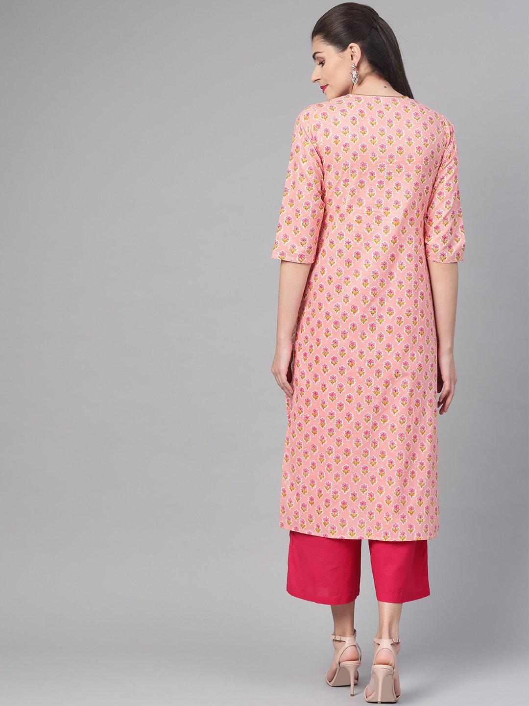 Women's Nayo Peach & Yellow Cotton Straight Floral Printed Kurta
