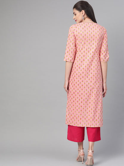 Women's Nayo Peach & Yellow Cotton Straight Floral Printed Kurta