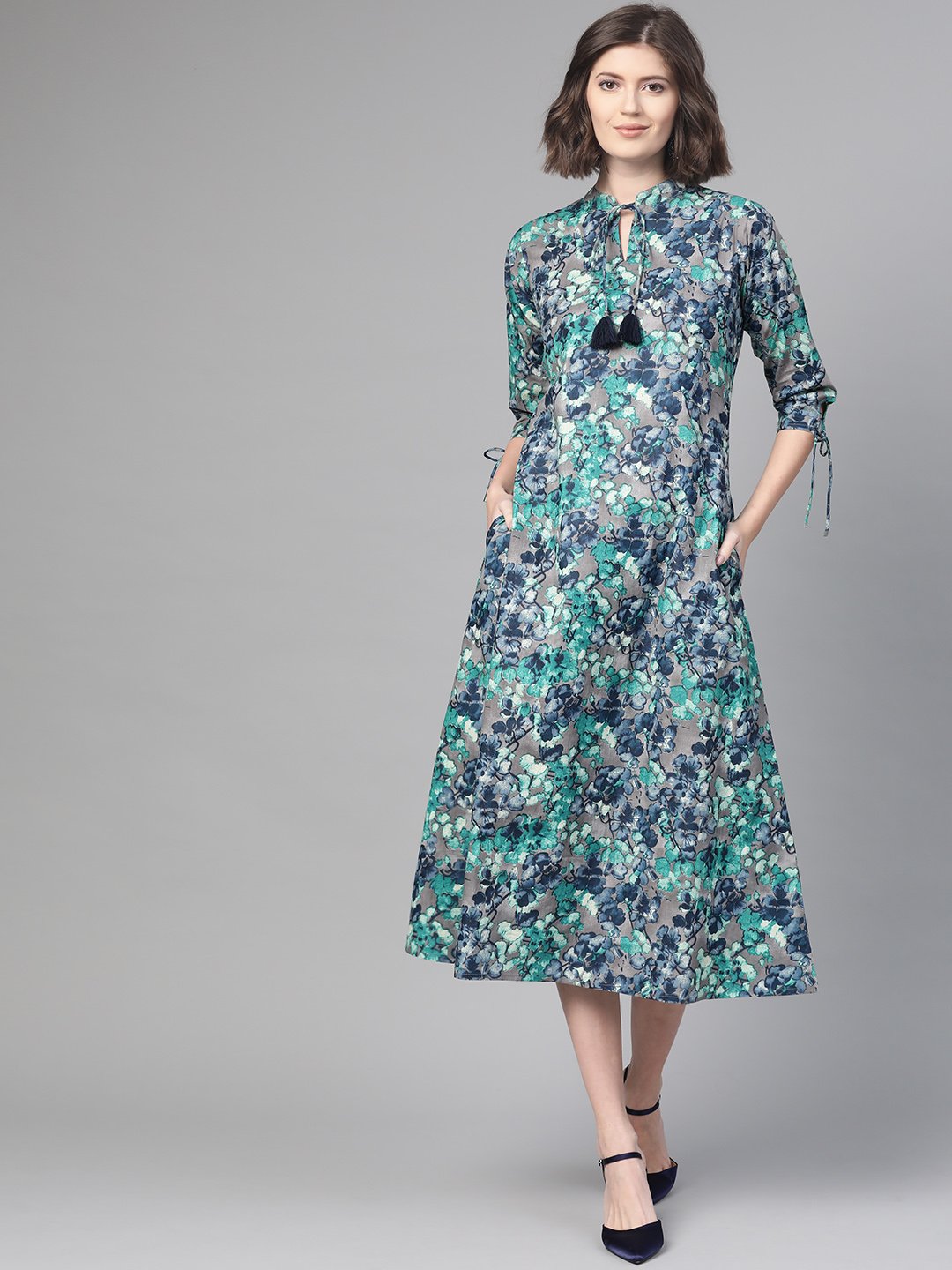 Women's Nayo Grey & Navy Blue Floral Printed A-Line Dress