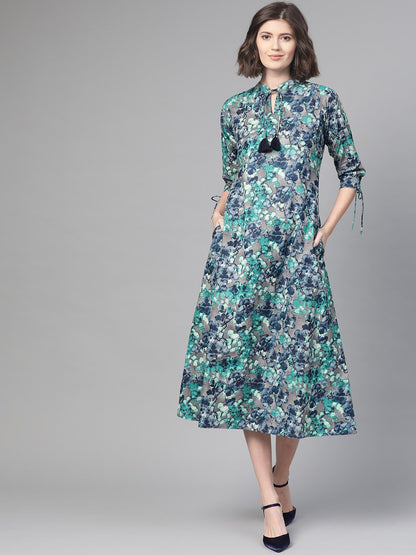 Women's Nayo Grey & Navy Blue Floral Printed A-Line Dress