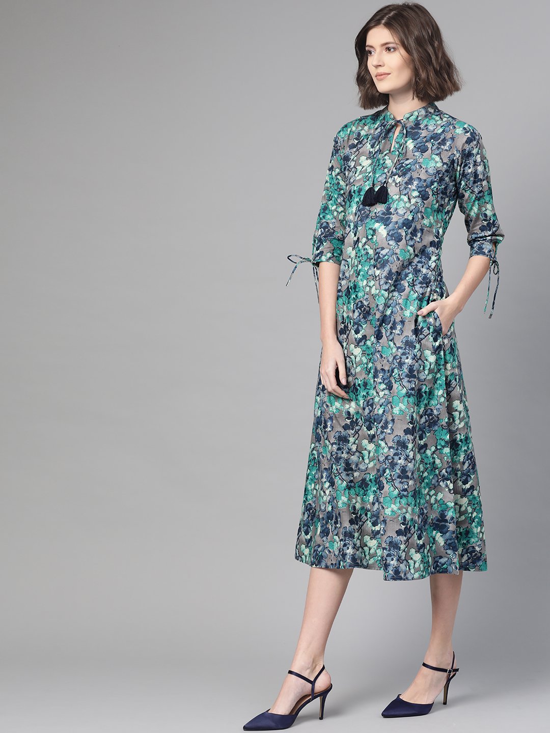 Women's Nayo Grey & Navy Blue Floral Printed A-Line Dress
