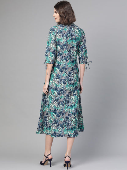 Women's Nayo Grey & Navy Blue Floral Printed A-Line Dress
