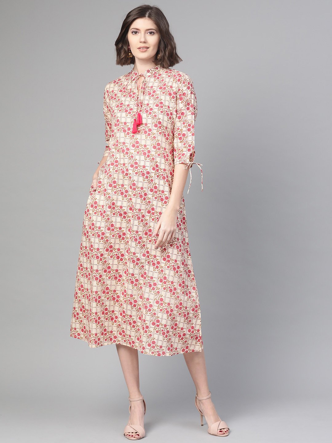 Women's Nayo Off White & Pink Floral Printed A-Line Dress