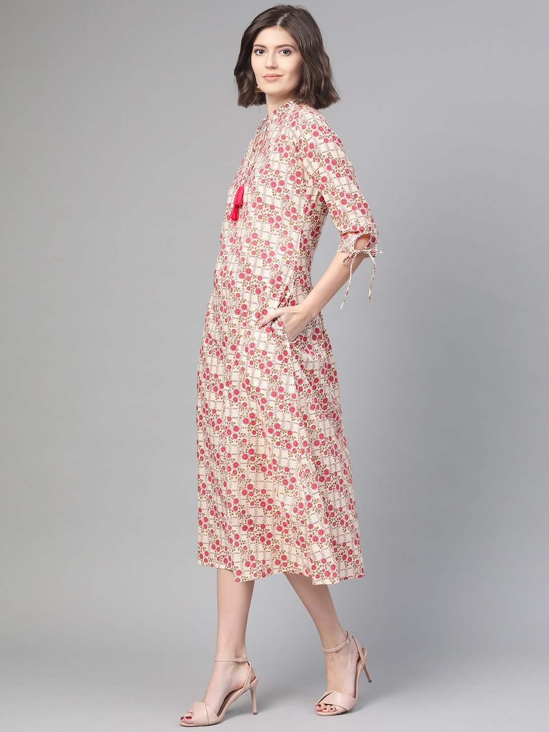 Women's Nayo Off White & Pink Floral Printed A-Line Dress