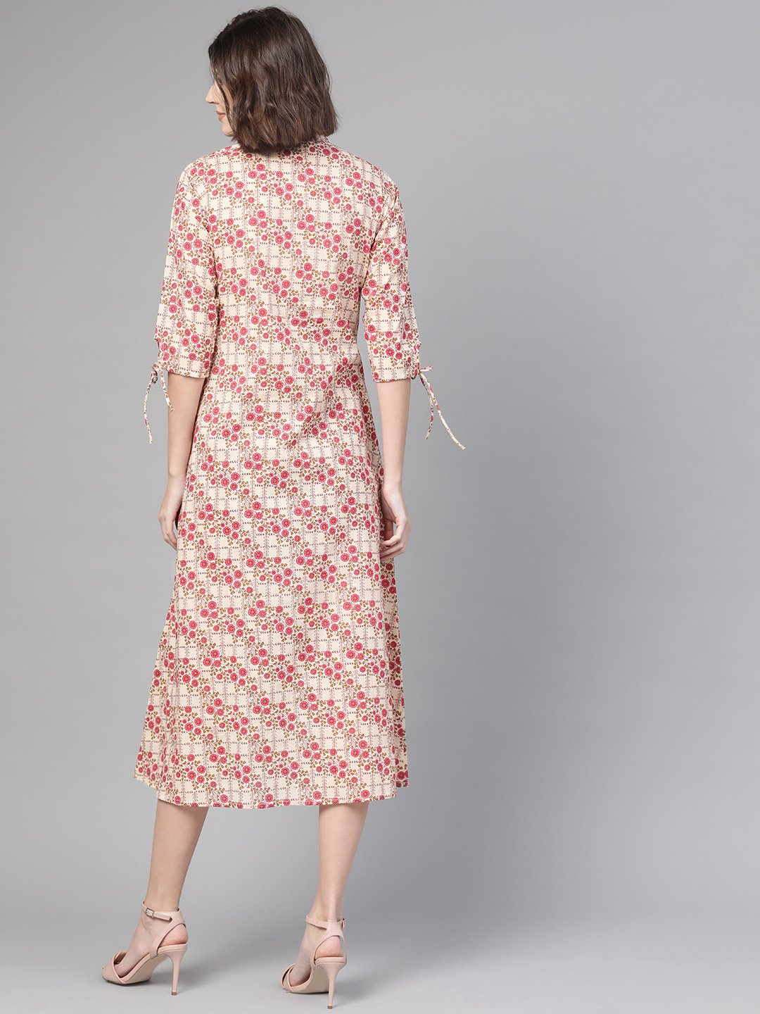 Women's Nayo Off White & Pink Floral Printed A-Line Dress