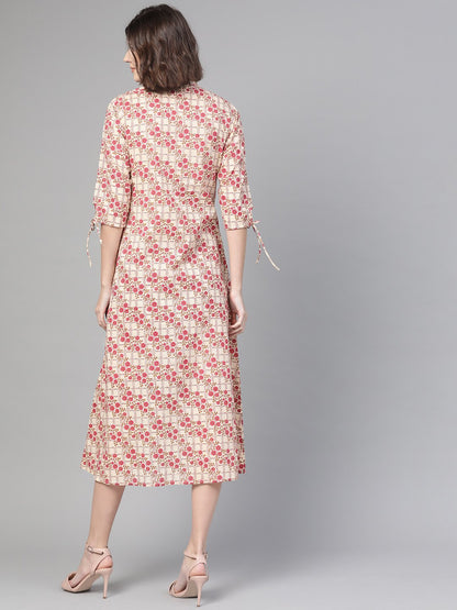Women's Nayo Off White & Pink Floral Printed A-Line Dress
