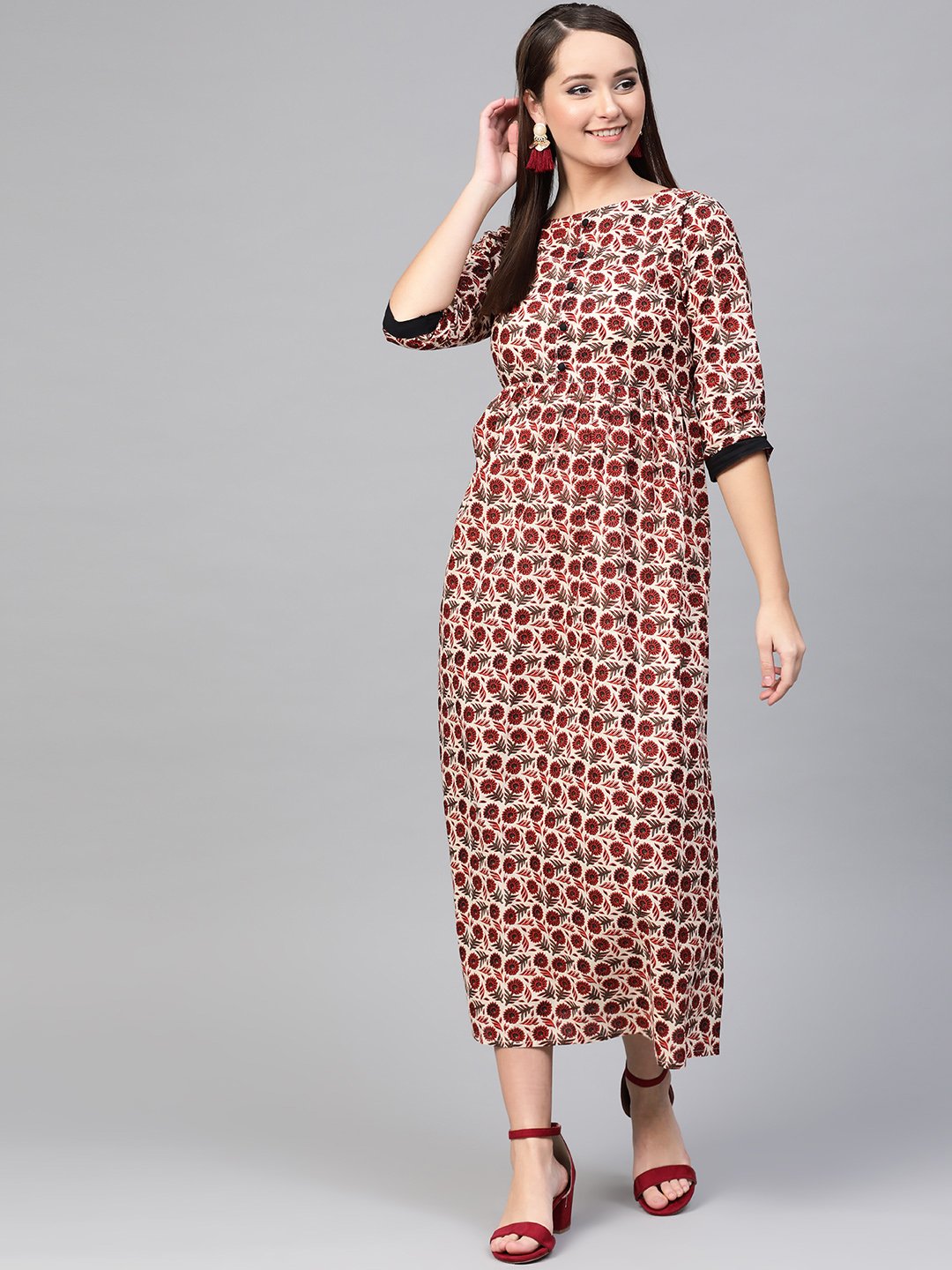 Women's Nayo Cream & Brown Floral Printed Maxi Dress