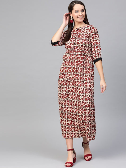 Women's Nayo Cream & Brown Floral Printed Maxi Dress