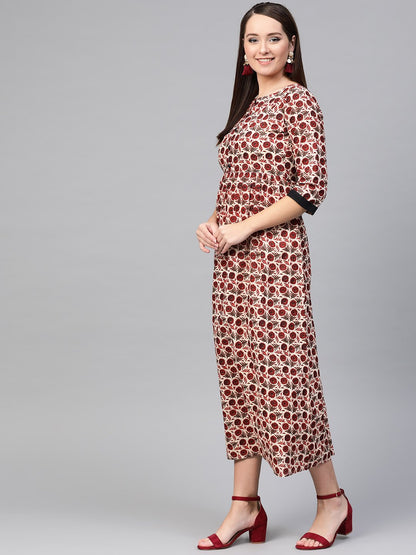 Women's Nayo Cream & Brown Floral Printed Maxi Dress