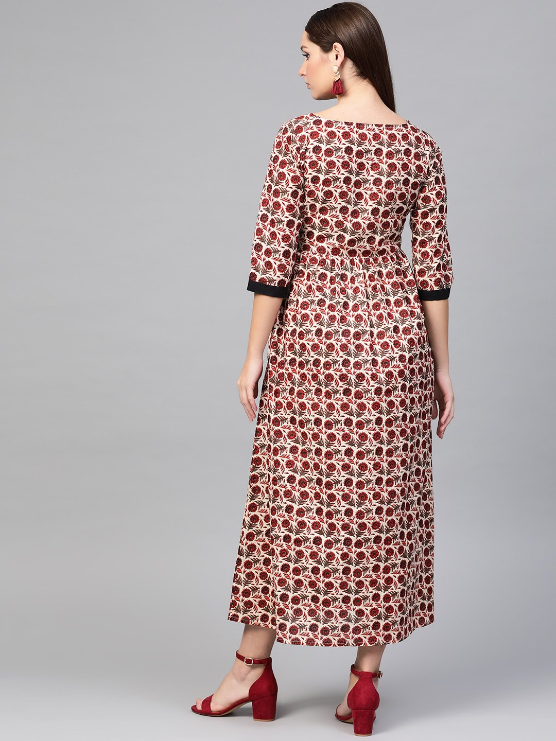 Women's Nayo Cream & Brown Floral Printed Maxi Dress