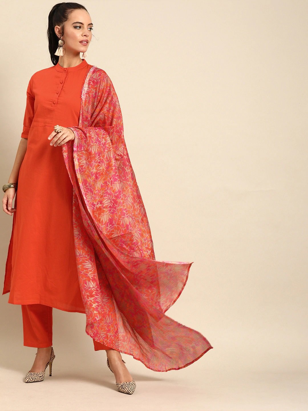 Women's Orange Solid Kurta With Trousers & Dupatta