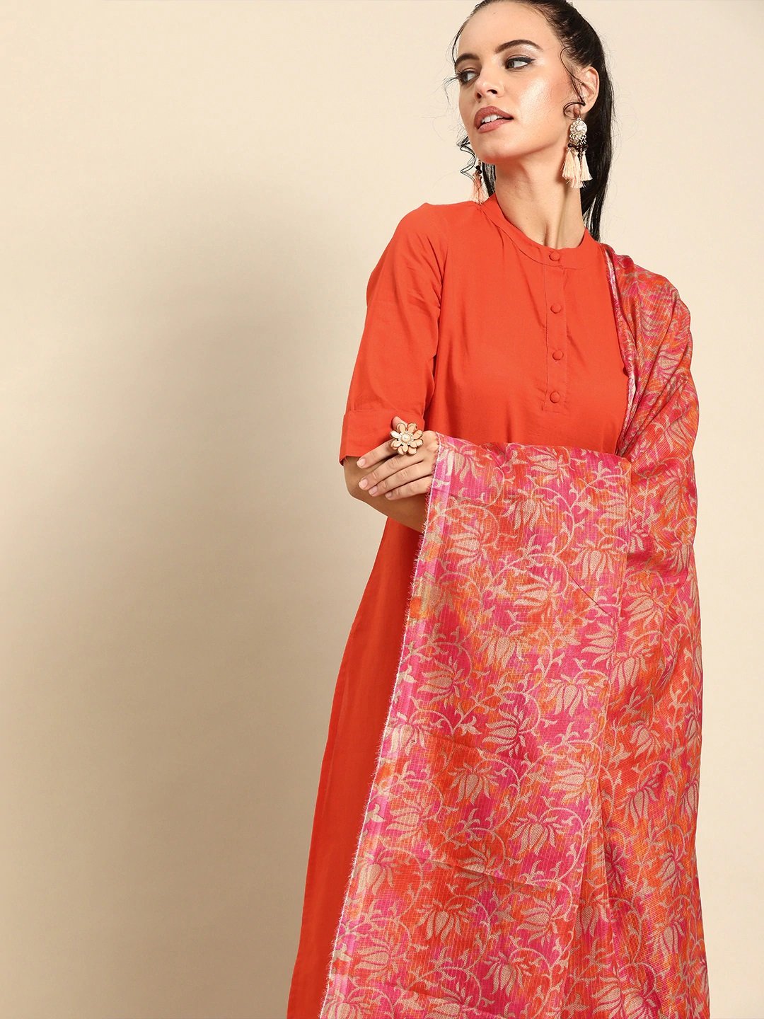 Women's Orange Solid Kurta With Trousers & Dupatta