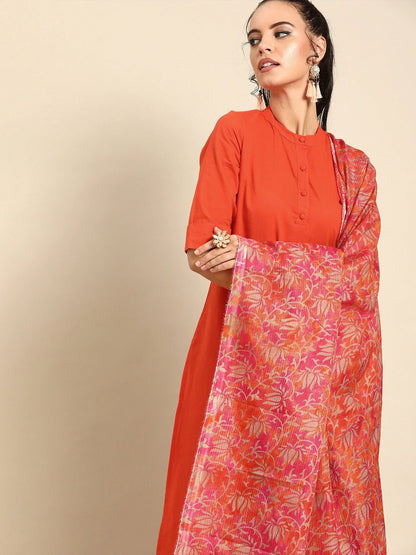 Women's Orange Solid Kurta With Trousers & Dupatta