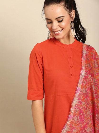 Women's Orange Solid Kurta With Trousers & Dupatta