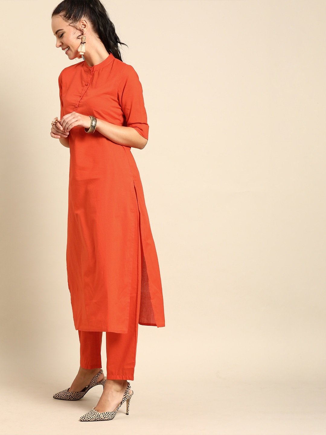 Women's Orange Solid Kurta With Trousers & Dupatta