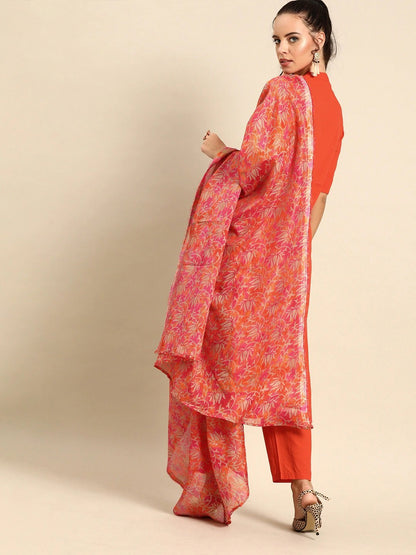 Women's Orange Solid Kurta With Trousers & Dupatta