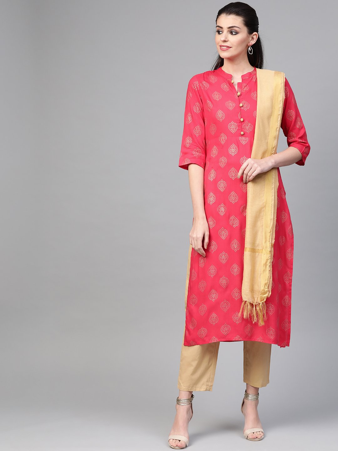 Women's Nayo Pink & Gold Straight Ethnic Motifs Printed Kurta And Trousers Set